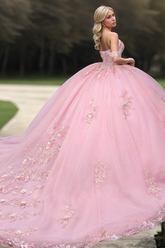 Ball Gown Off-Shoulder Sleeveless Beaded Sequins Pink Tulle Quinceanera Dress for Sweet 16 & Birthday Parties